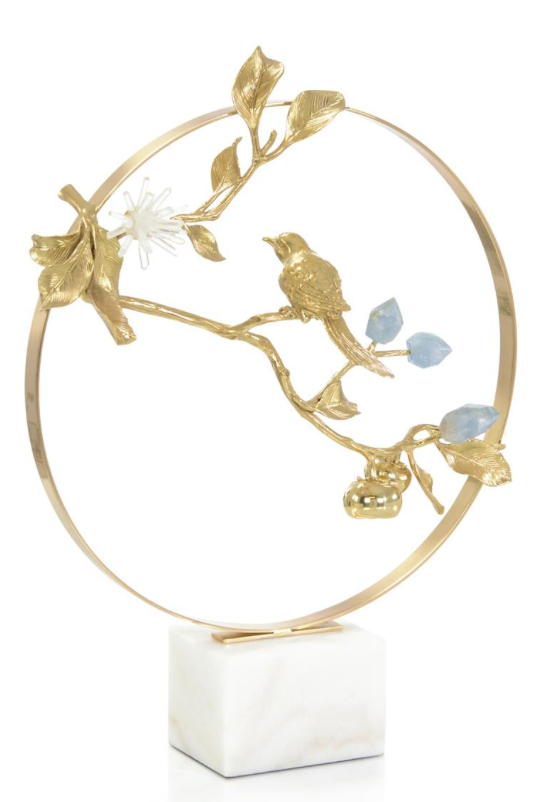 Brass Bird and Cyanite Flowers