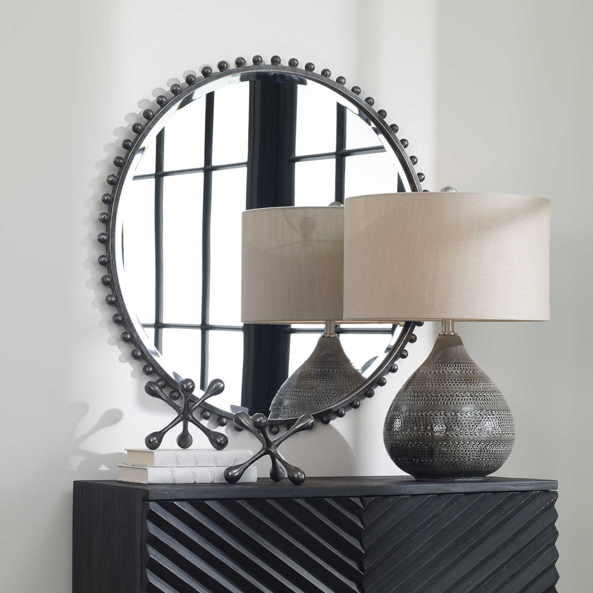 Tara Round Mirror, Distressed Black